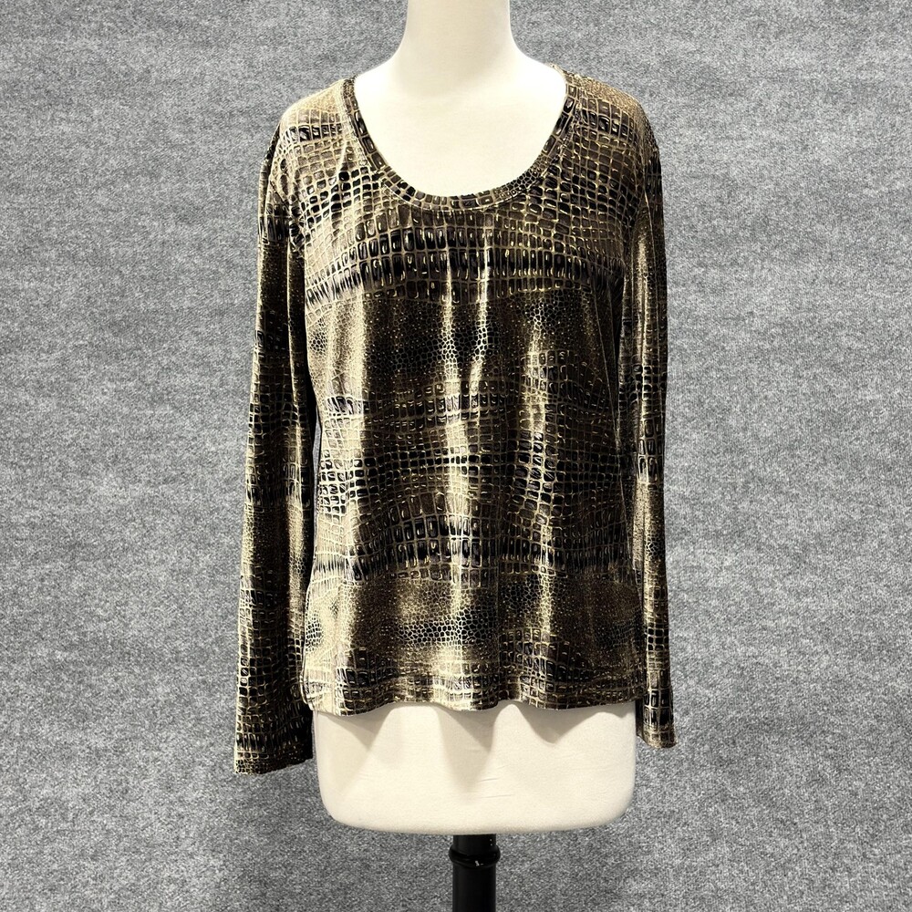 Chicos Design Shirt Womens 2 Black Animal Print Long Sleeve Scoop Neck